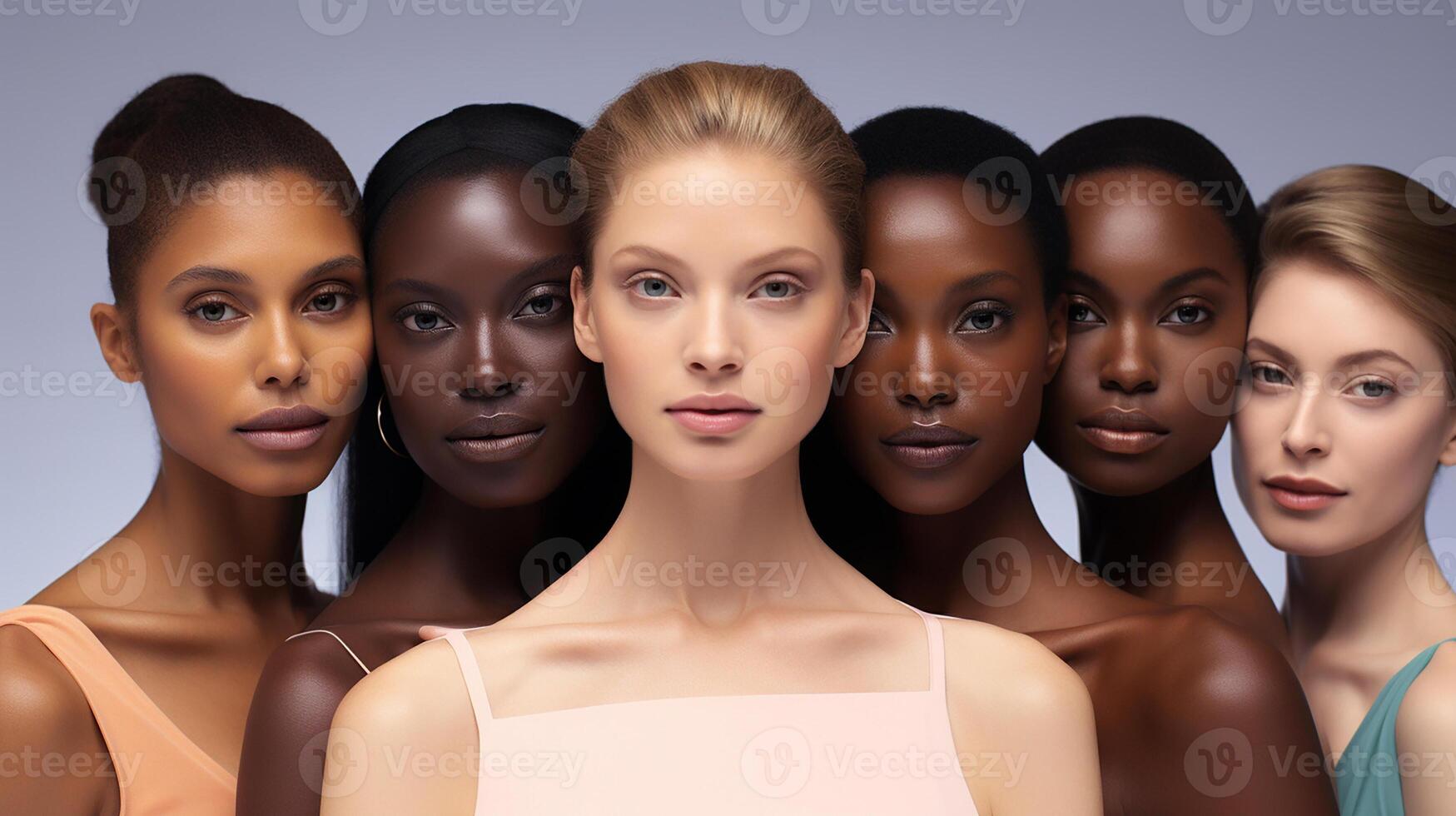 AI generated portrait of beautiful girls of different nationalities African, Asian, European models photo