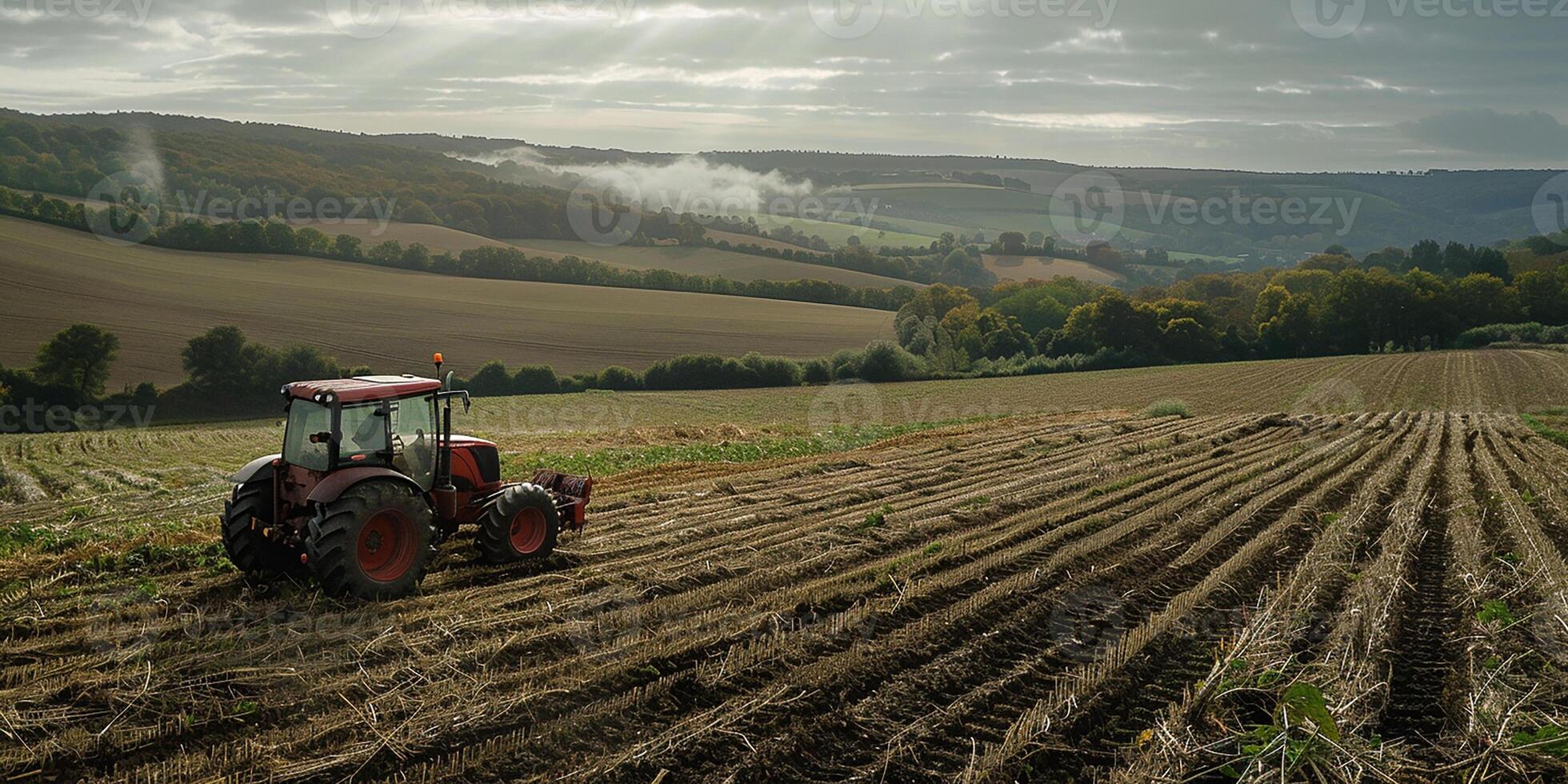 AI generated A farmer cultivates a field on a tractor. Agriculture photo