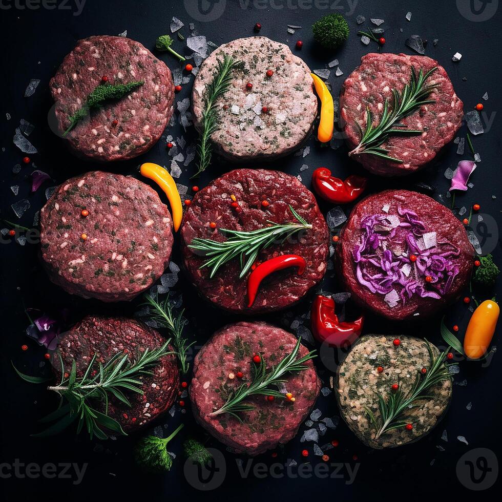 AI generated Raw minced beef cutlets with spices and herbs ready for cooking on a dark background photo