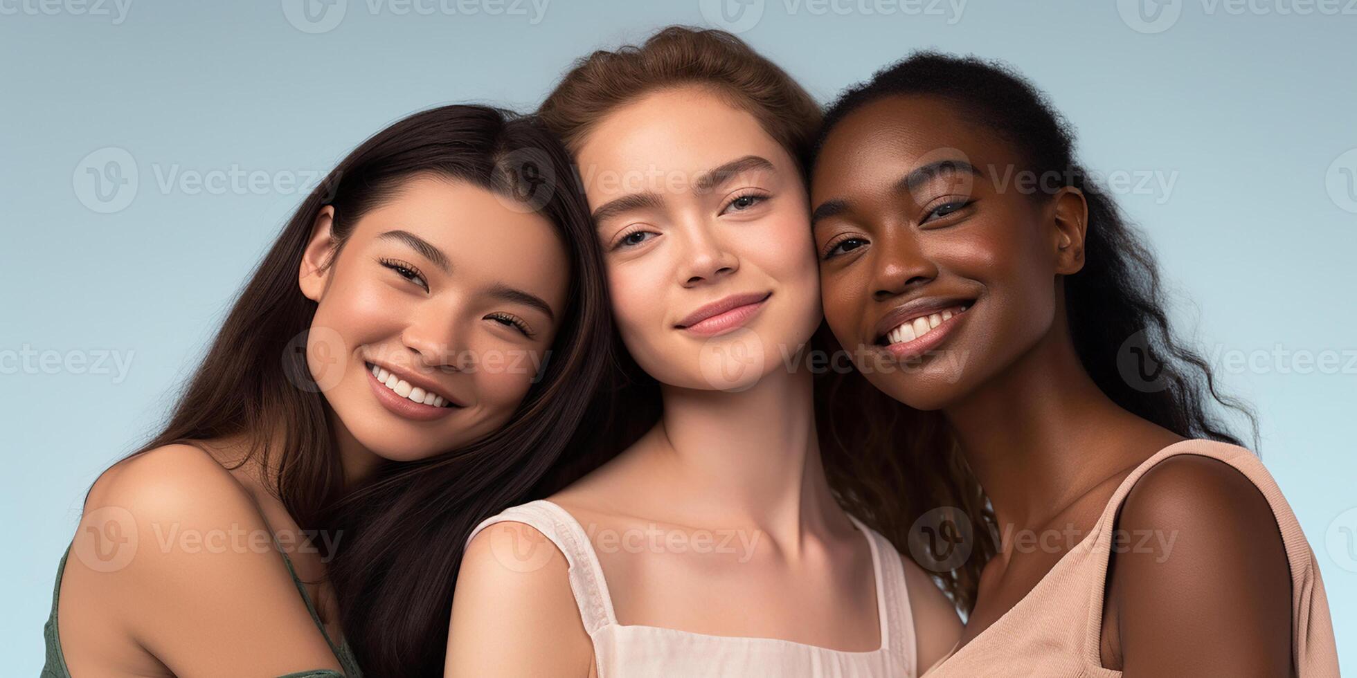 AI generated portrait of beautiful girls of different nationalities African, Asian, European models photo