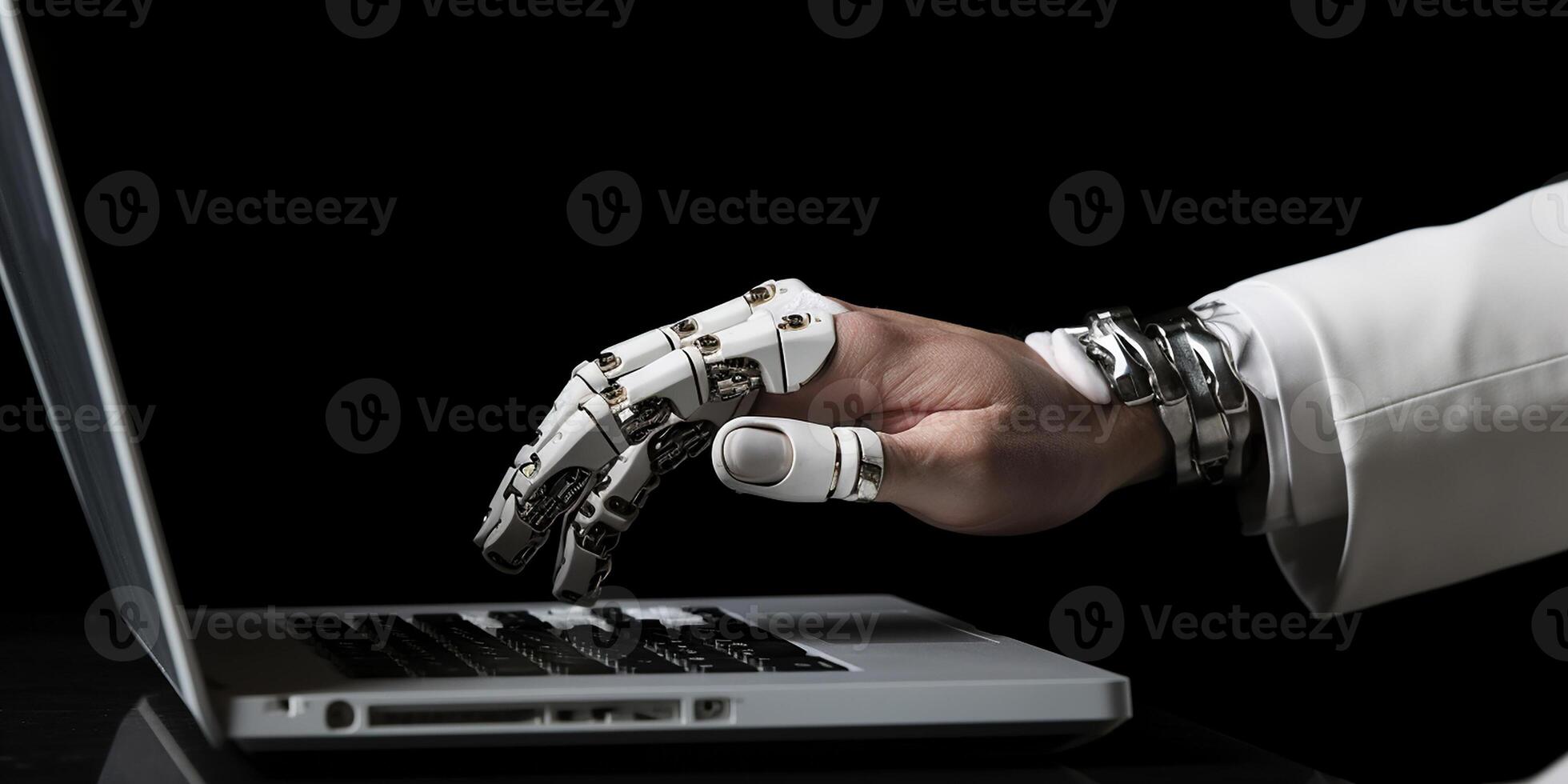 AI generated technological progress, artificial intelligence. robot hands working at the computer photo