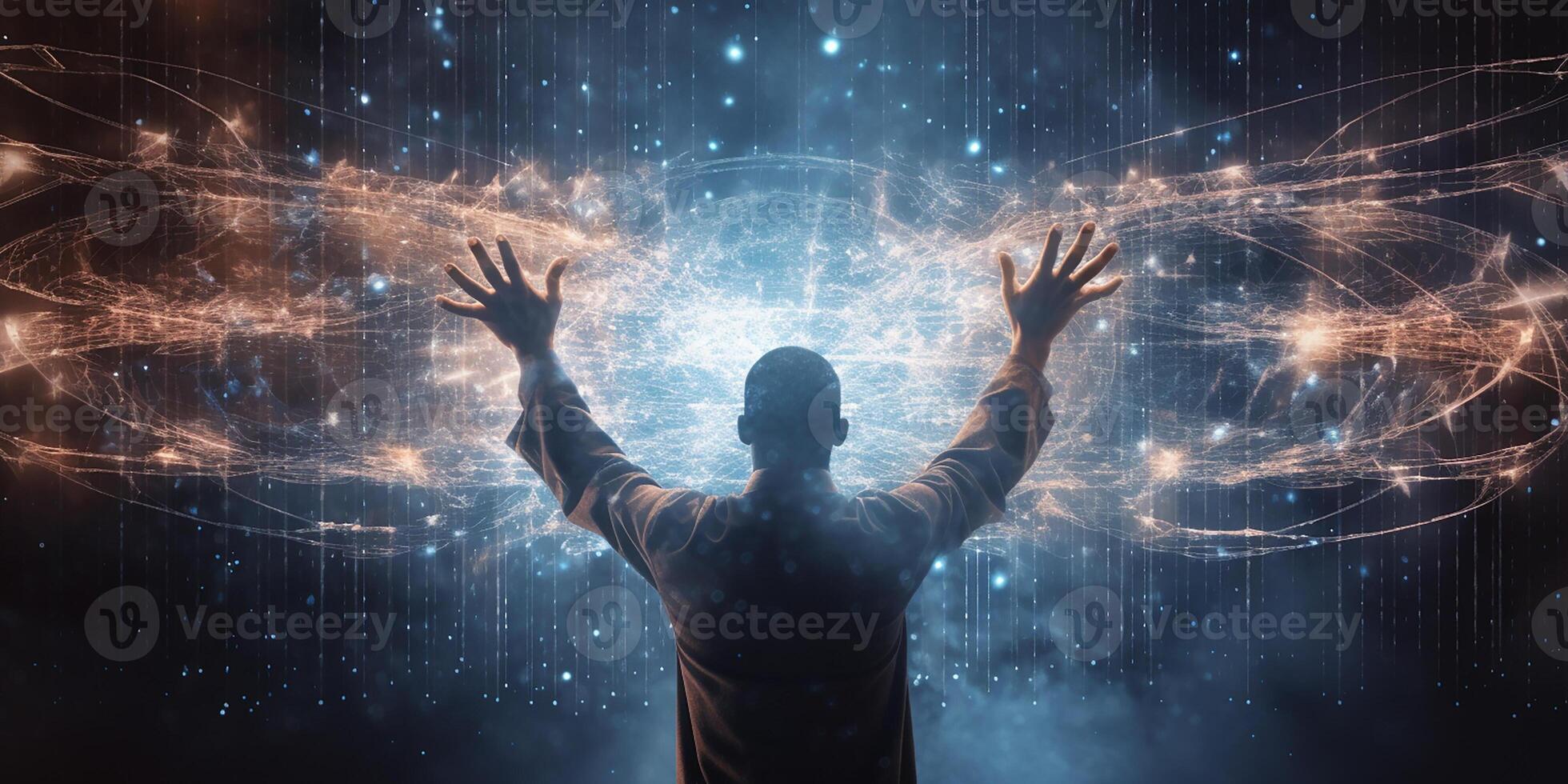 AI generated Silhouette of a man on a dark abstract background, illuminated by bright neon lights. Metaverse, virtual space. A look into the future. photo