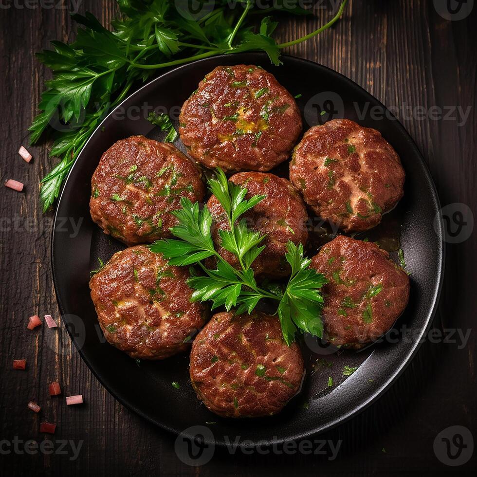 AI generated Raw minced beef cutlets with spices and herbs ready for cooking on a dark background photo