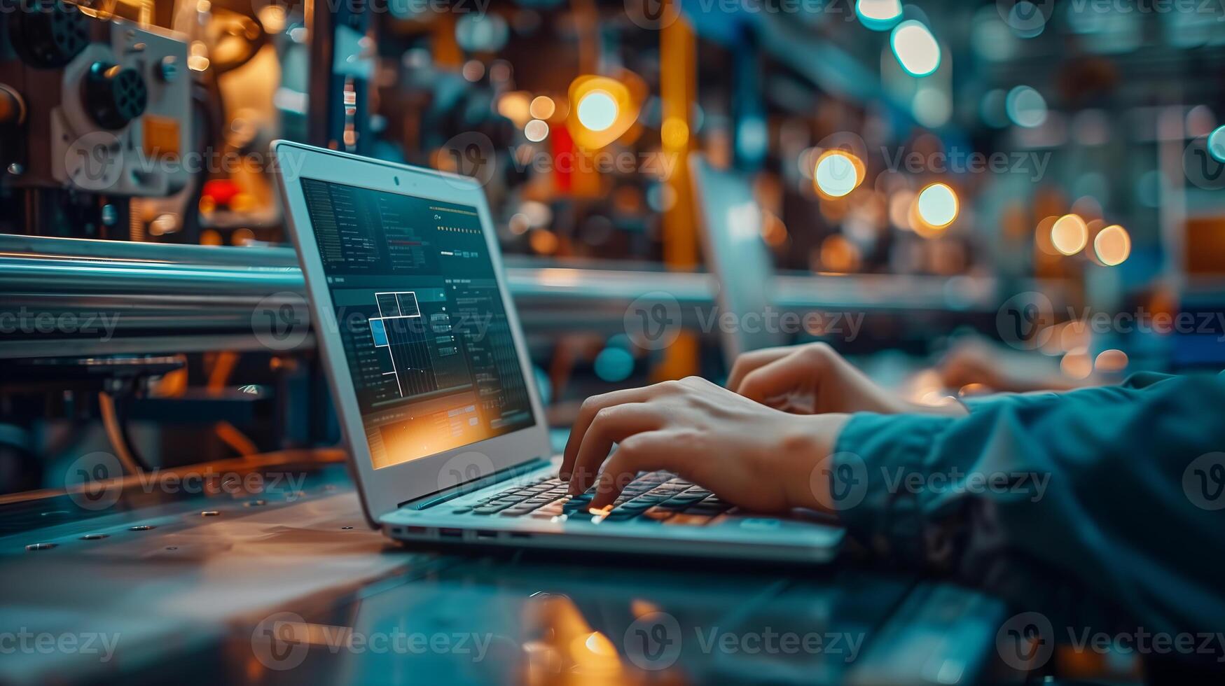 AI generated close up a  hand of professional worker of modern factory using laptop controlling program to automatic machinery photo