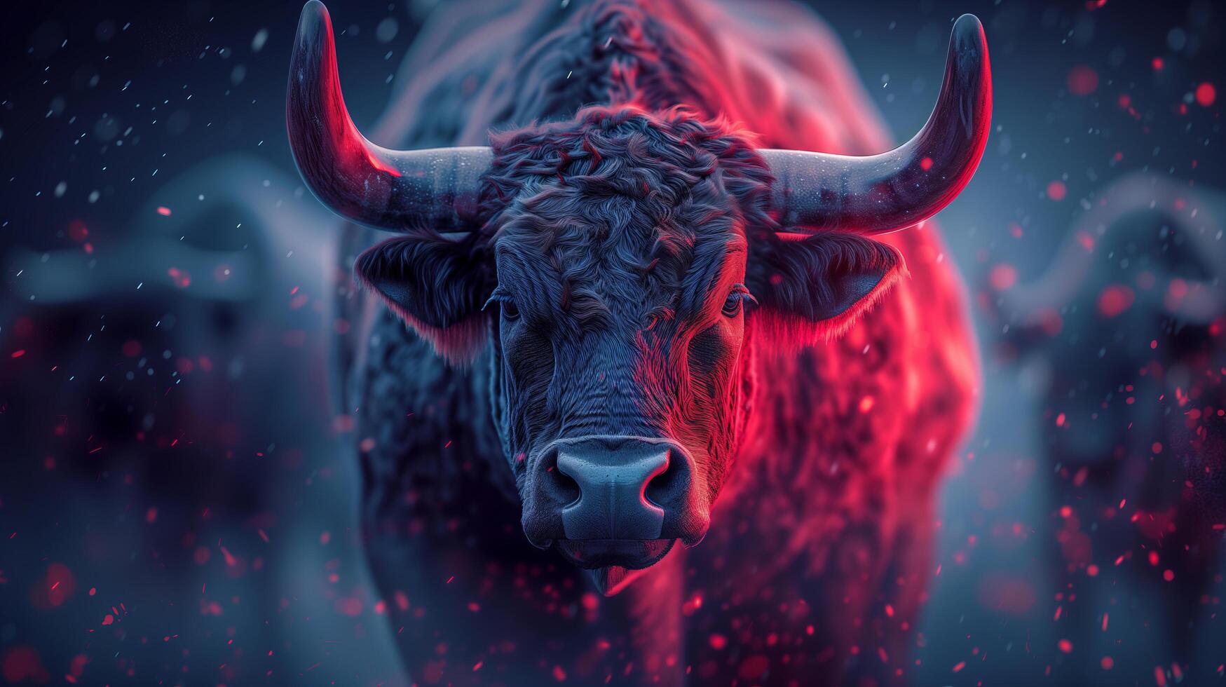 AI generated A close up of herd of bulls on snowy dark blue background with red neon light on bull face photo