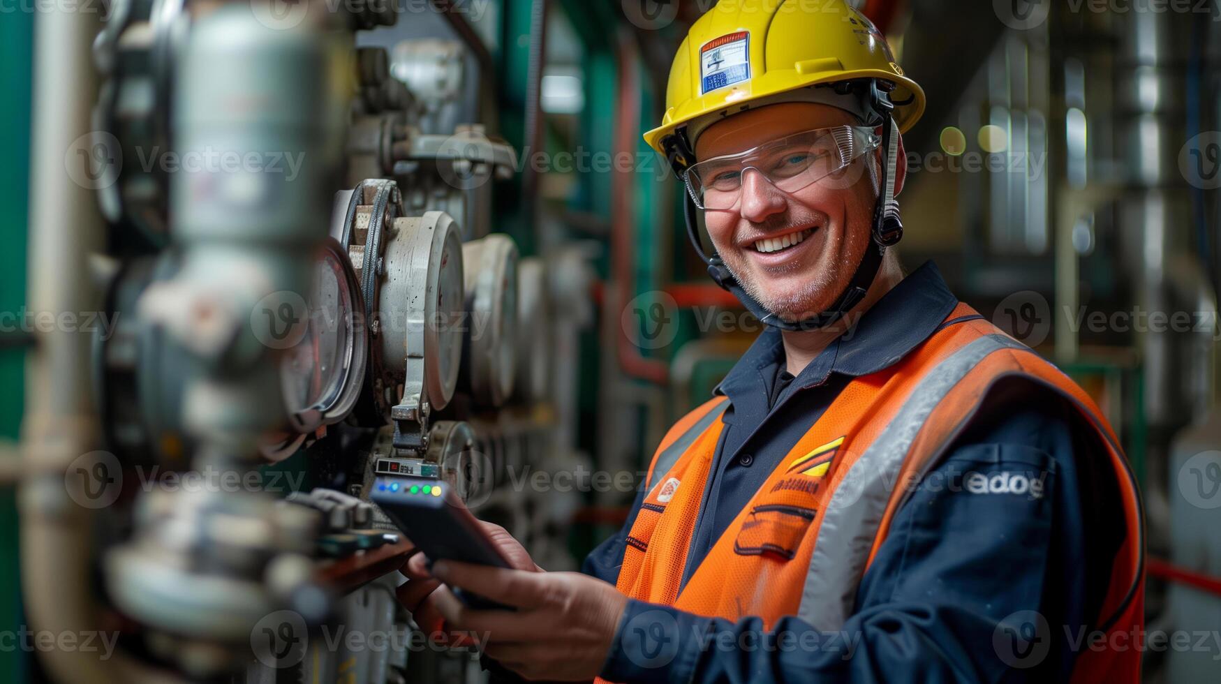 AI generated Engineer in safety helmet holding an electronic device to control machinery, smiling joyfully from passion for work photo