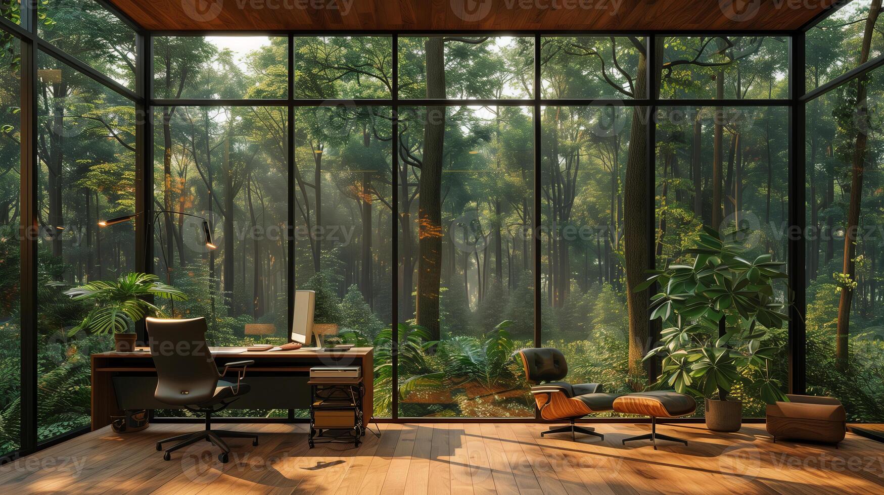 AI generated A room for work form home office full of trees, eco-friendly concept, glass house, modern and minimal photo