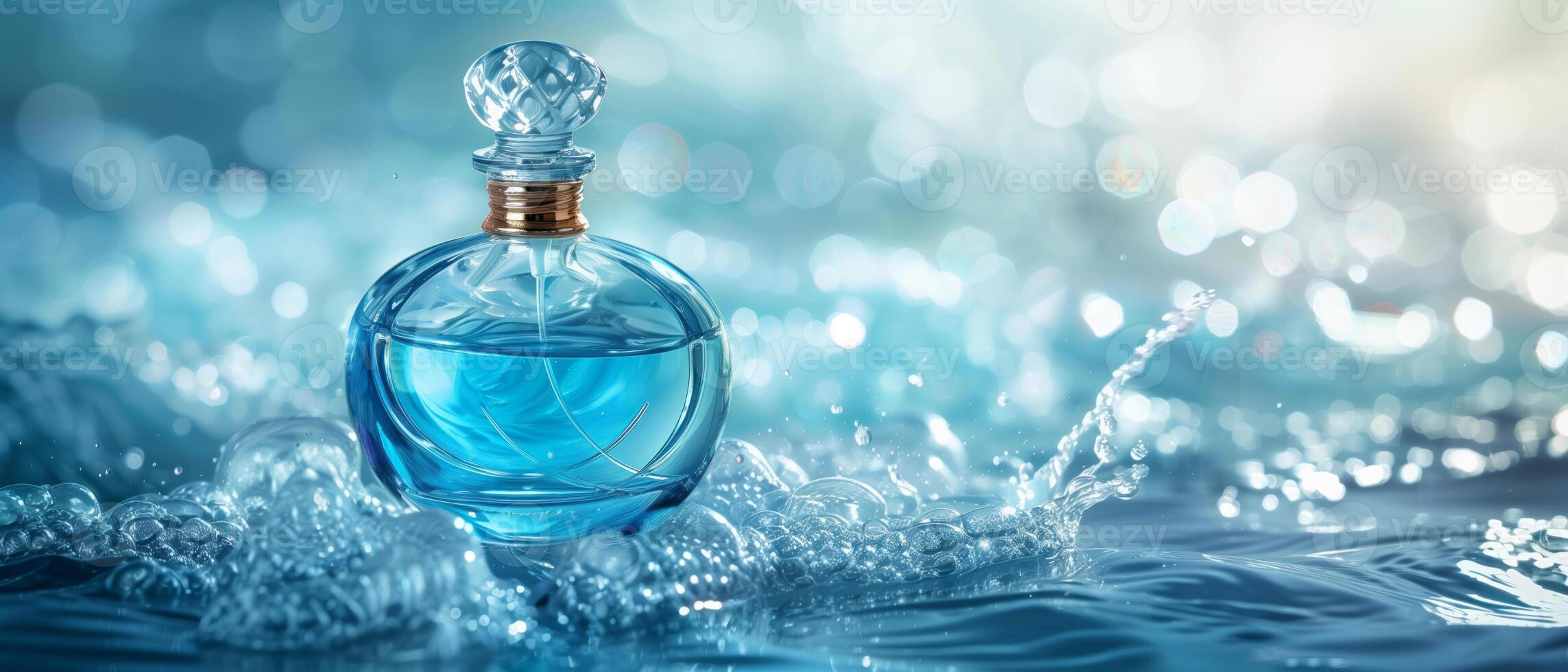 AI generated luxury glass perfume bottle with sea water on empty background in blue ocean theme as wide banner with copy space area photo