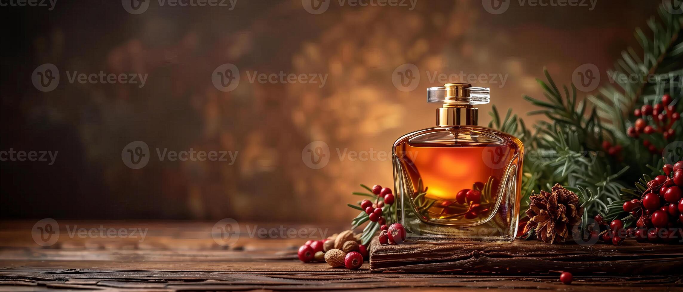 AI generated luxury glass perfume bottle with old wood, Cardamom, Pink Pepper and Rosemary background in dark brown theme as wide banner with copy space area photo