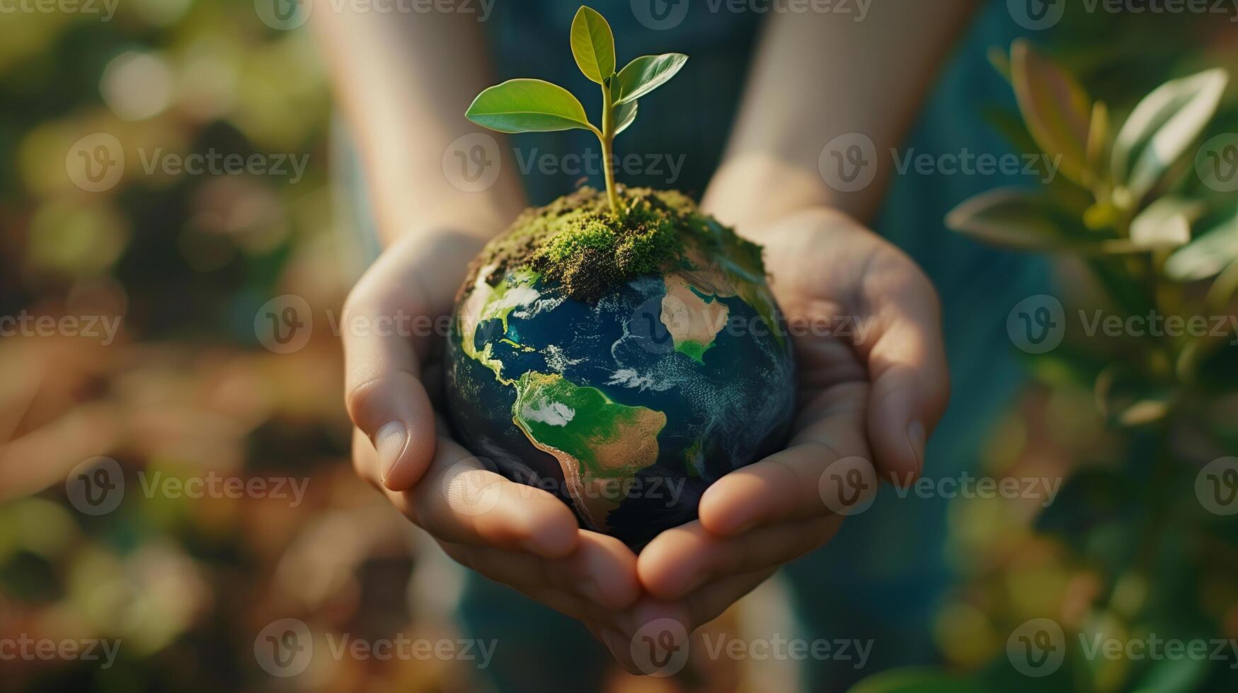 AI generated Hands holding blue planet earth with growing plant on it, embodying the essence of Earth Day and the importance of eco-friendly photo