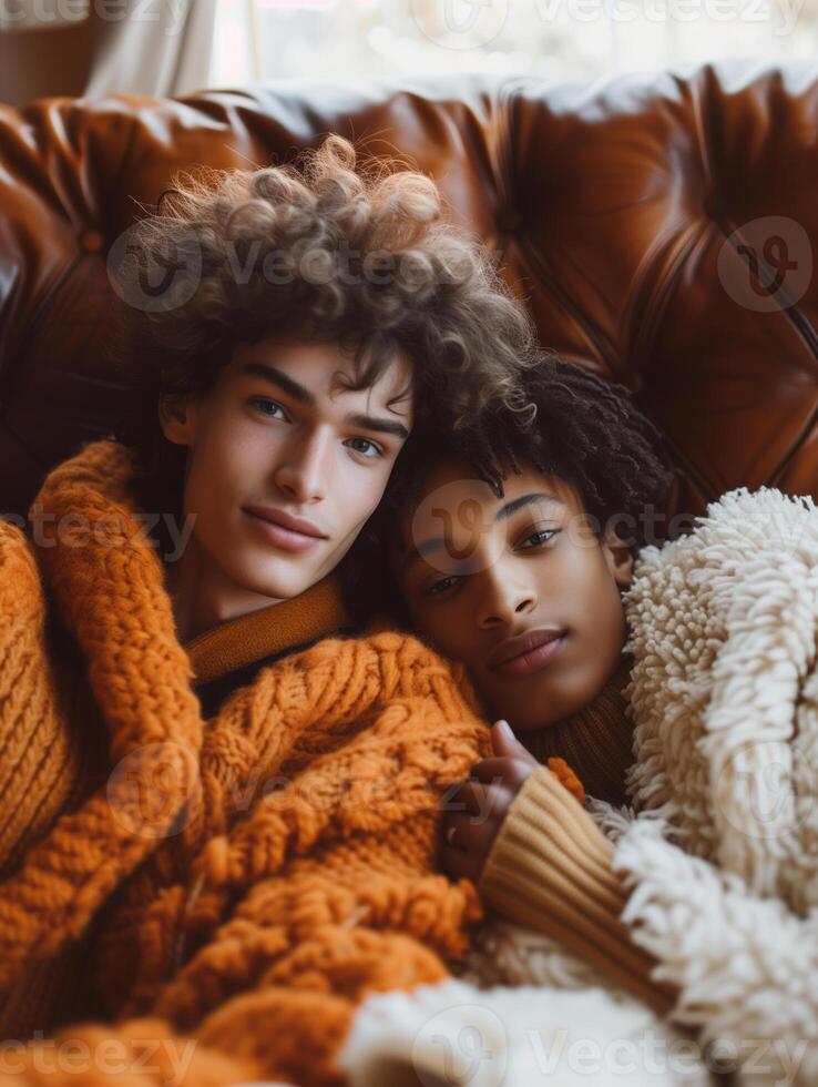 AI generated Happy Gay couple in cozy peach fuzz outfits enjoying a TV series in a relaxed living room photo