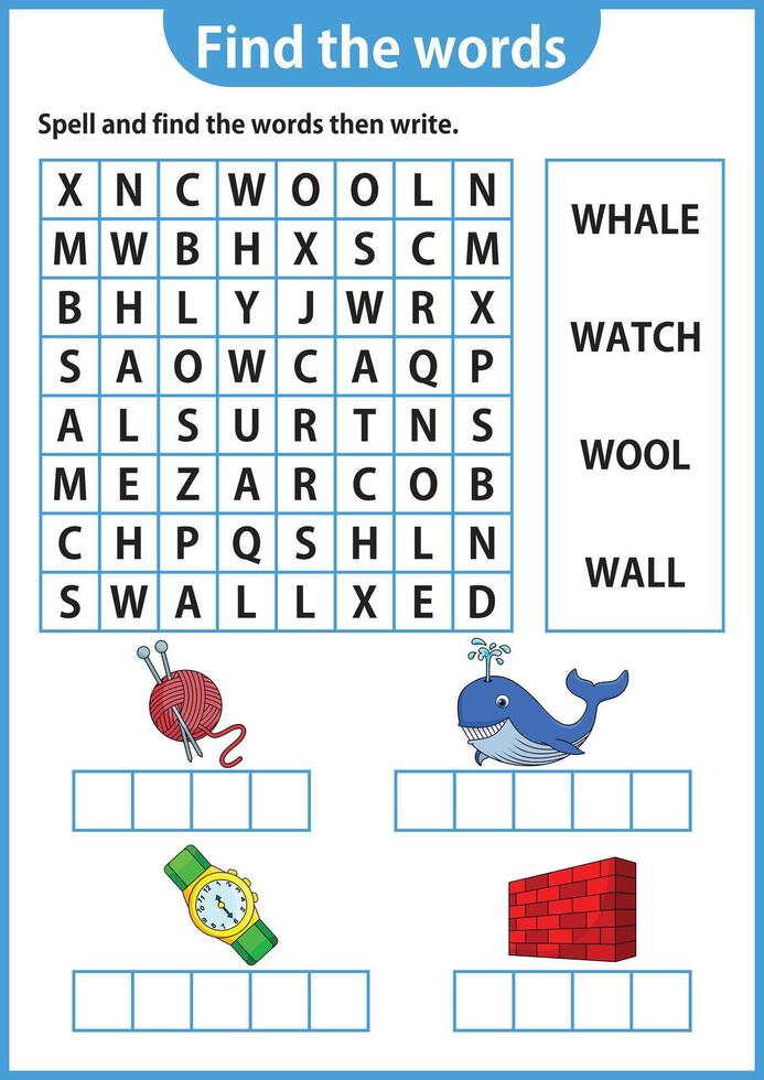 Word puzzle game Word search worksheet Education game for children Learning English alphabet vector