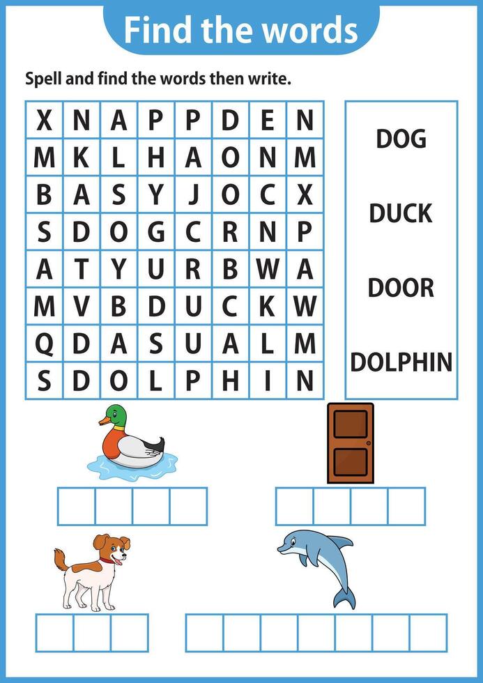 Word puzzle game Word search worksheet Education game for children Learning English alphabet vector