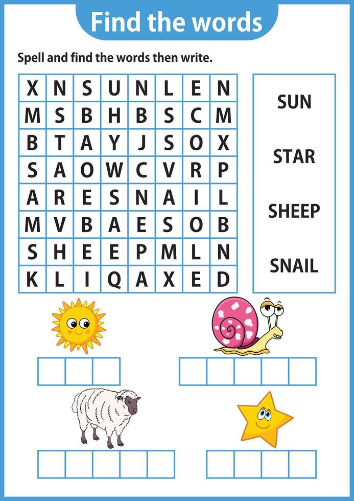 Word puzzle game Word search worksheet Education game for children Learning English alphabet vector