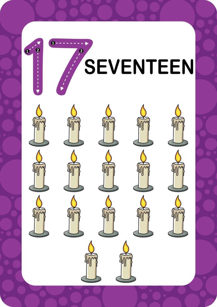 Numbers Flashcards. Number Seventeen Educational math card for children. Learn Counting numbers. vector