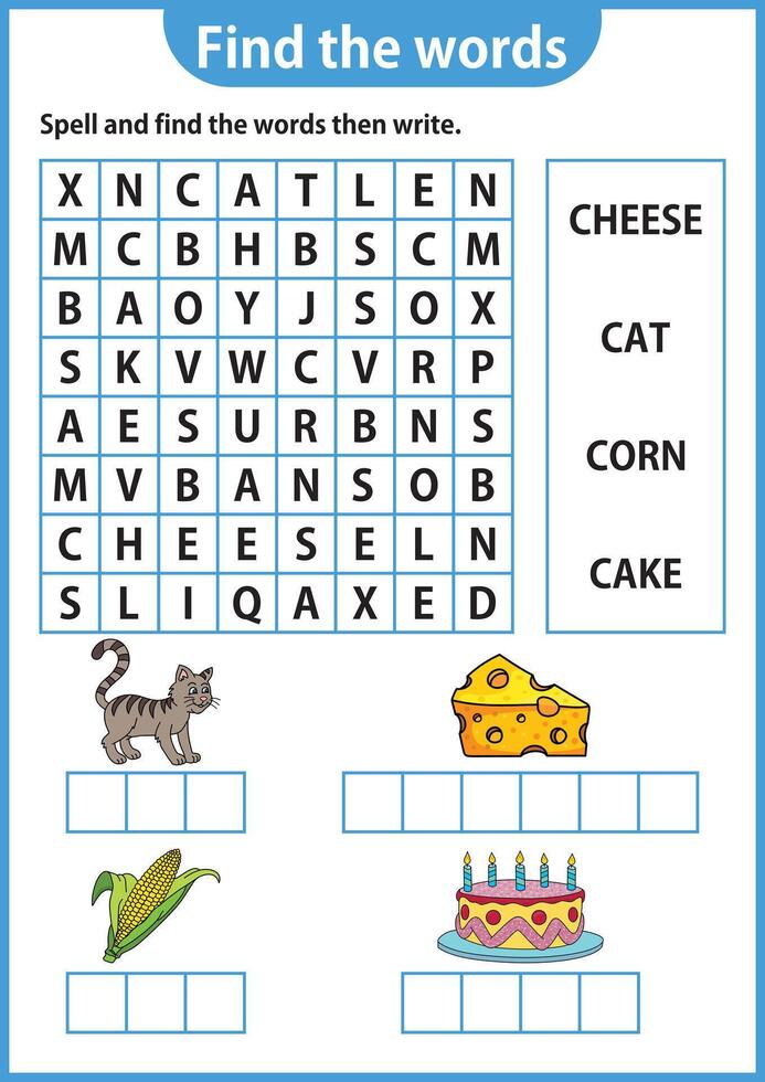 Word puzzle game Word search worksheet Education game for children Learning English alphabet vector