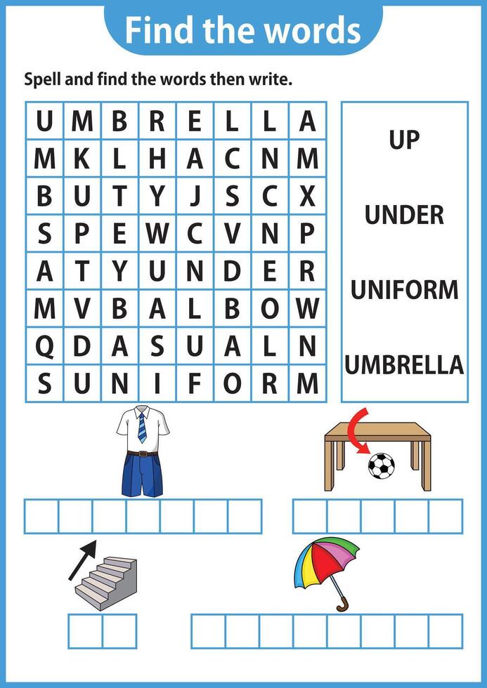 Word puzzle game Word search worksheet Education game for children Learning English alphabet vector