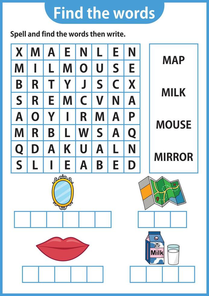 Word puzzle game Word search worksheet Education game for children Learning English alphabet vector