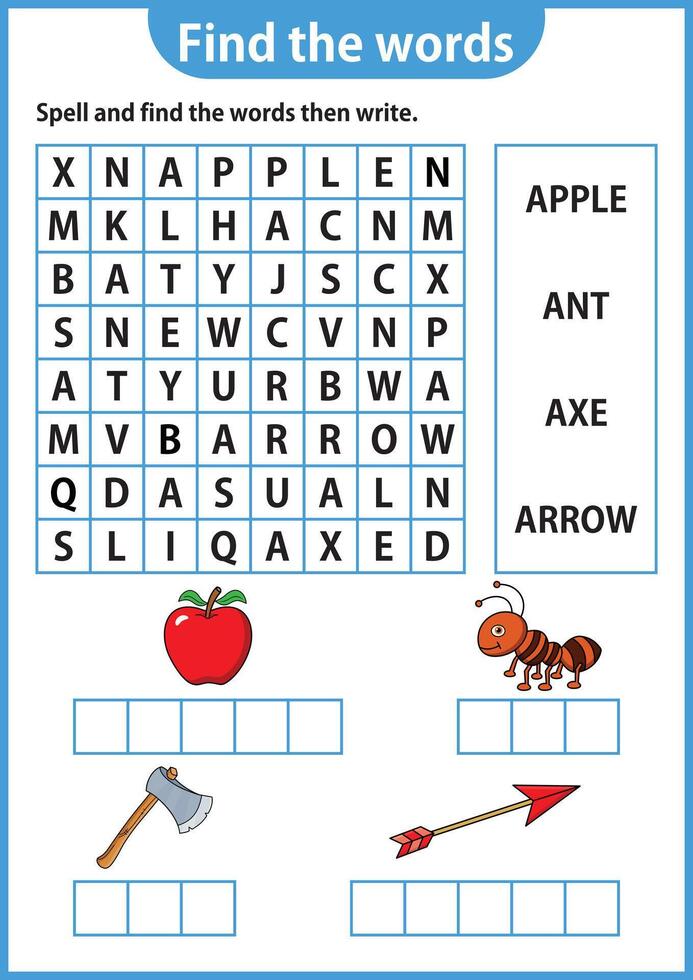 Word puzzle game Word search worksheet Education game for children Learning English alphabet vector