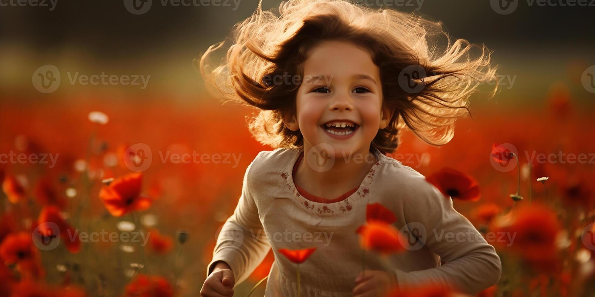 AI generated A happy child runs and has fun in a poppy field. Happy child playing in a meadow of blooming red poppies. photo