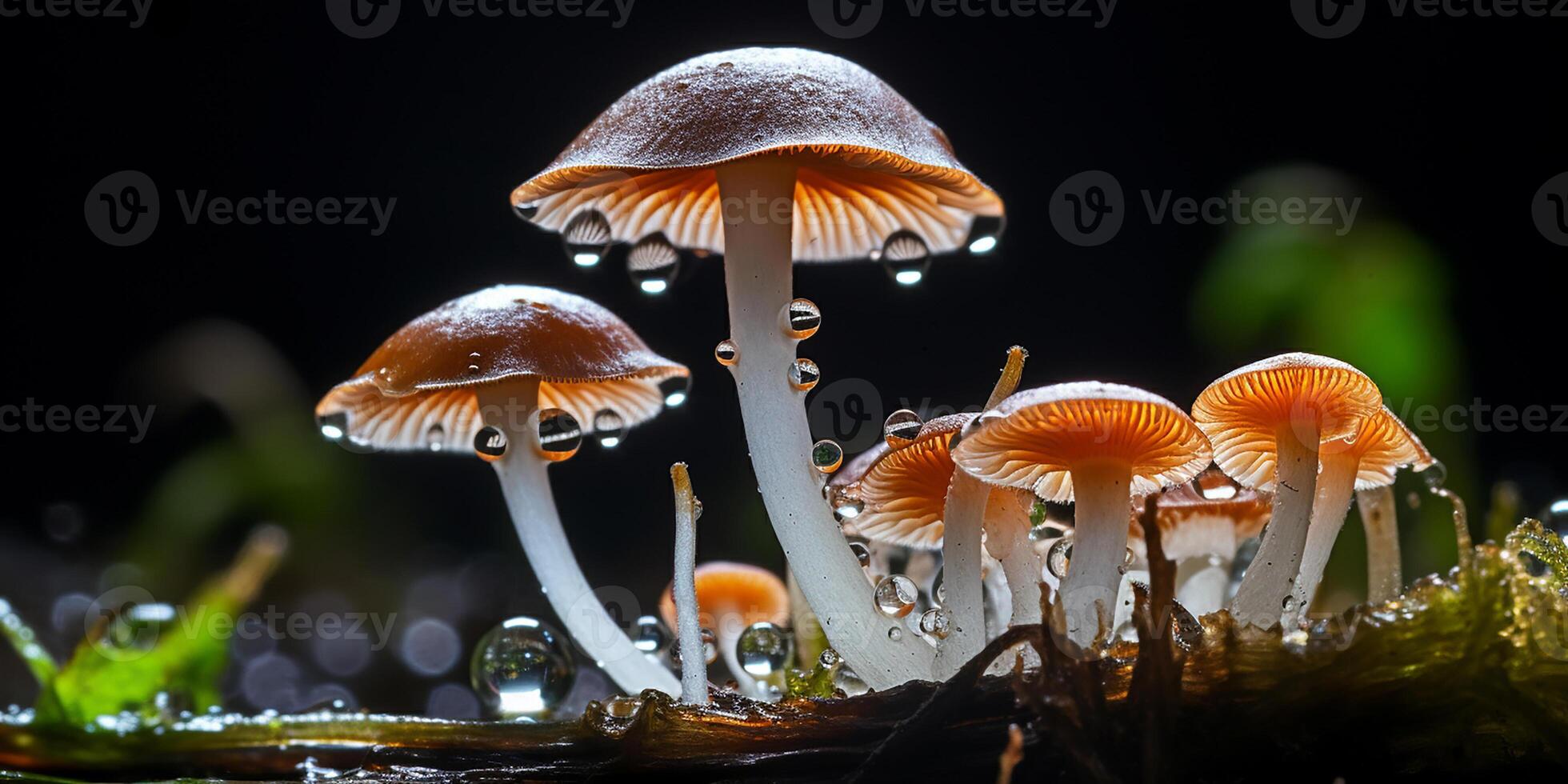 AI generated close-up image of a group of mushrooms. wet night forest photo