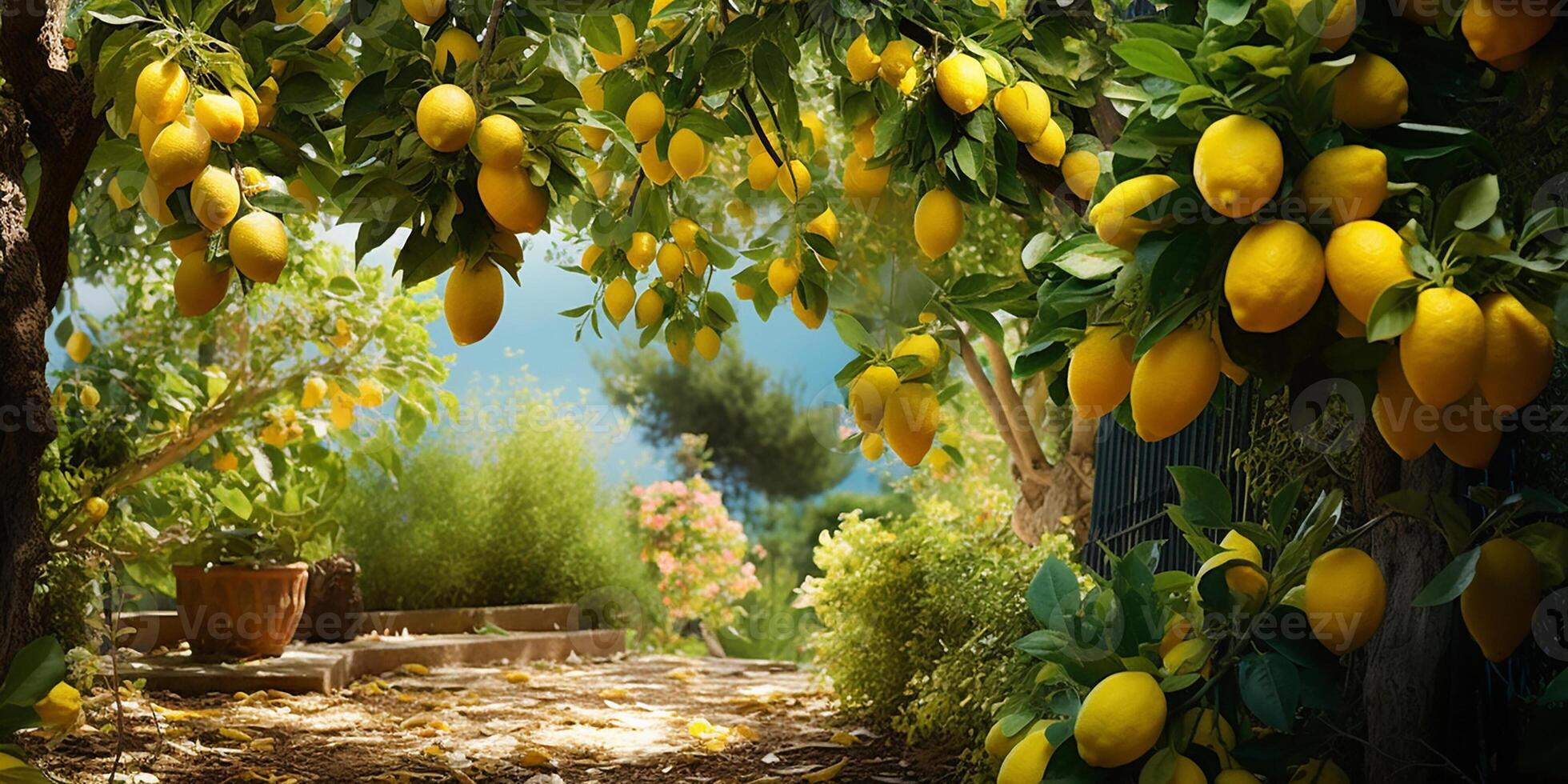 AI generated Ripe lemons growing on a lemon tree in the garden. Close-up of lemons and lemon trees in sunlight photo