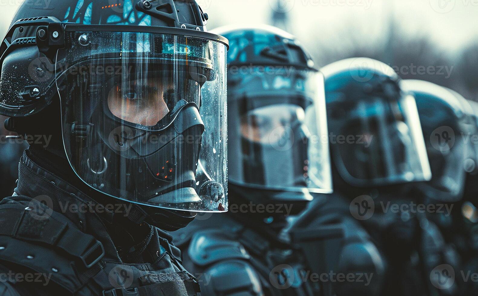 AI generated A group of police officers in helmets. Ensuring public order photo