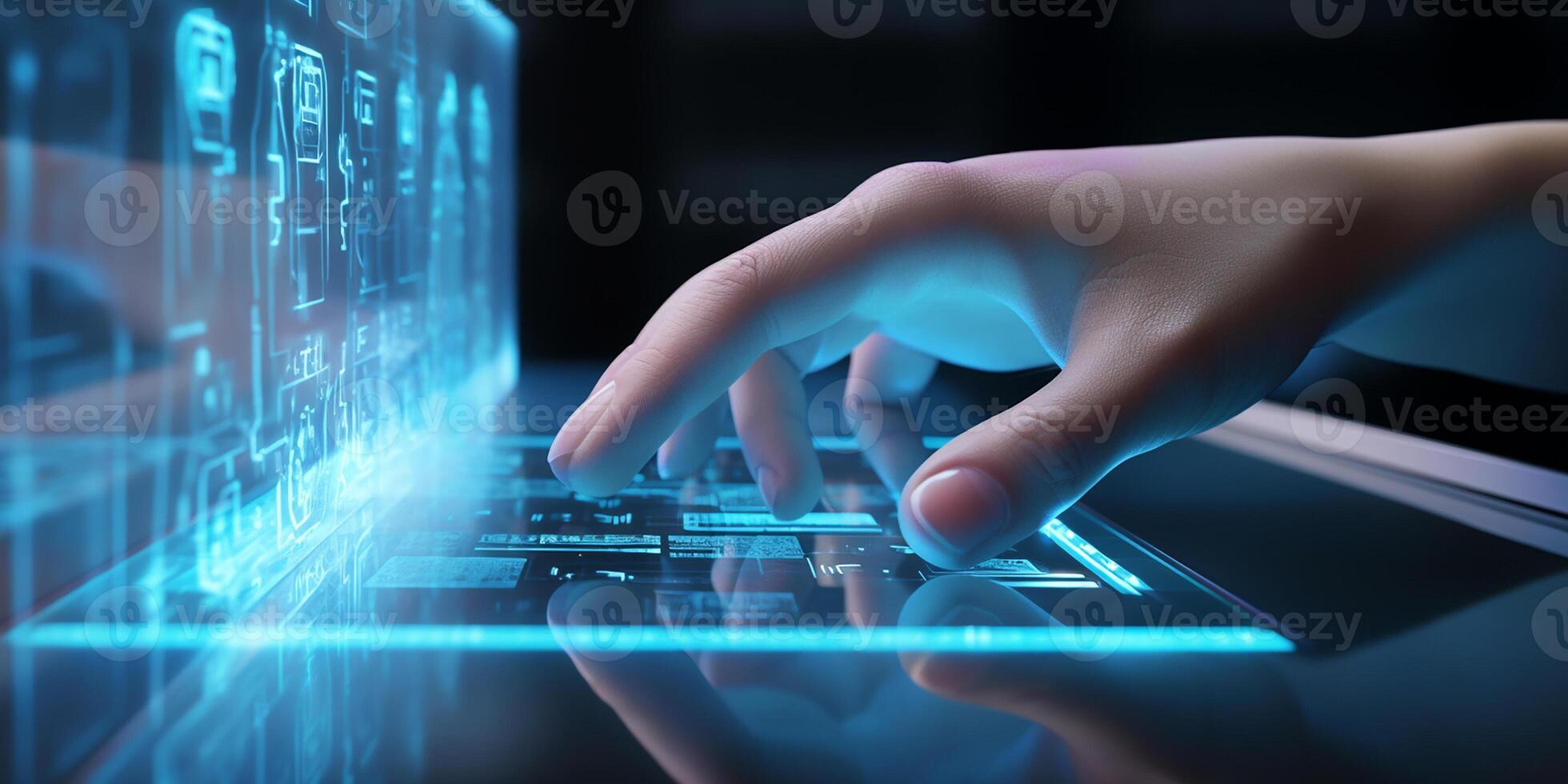 AI generated Digital hologram of a hand on a dark background. Interaction with artificial intelligence. photo