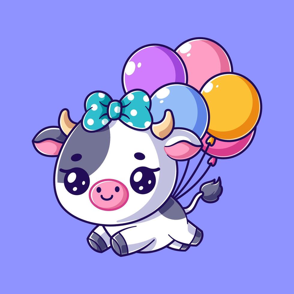 Cute cow flying with balloons vector