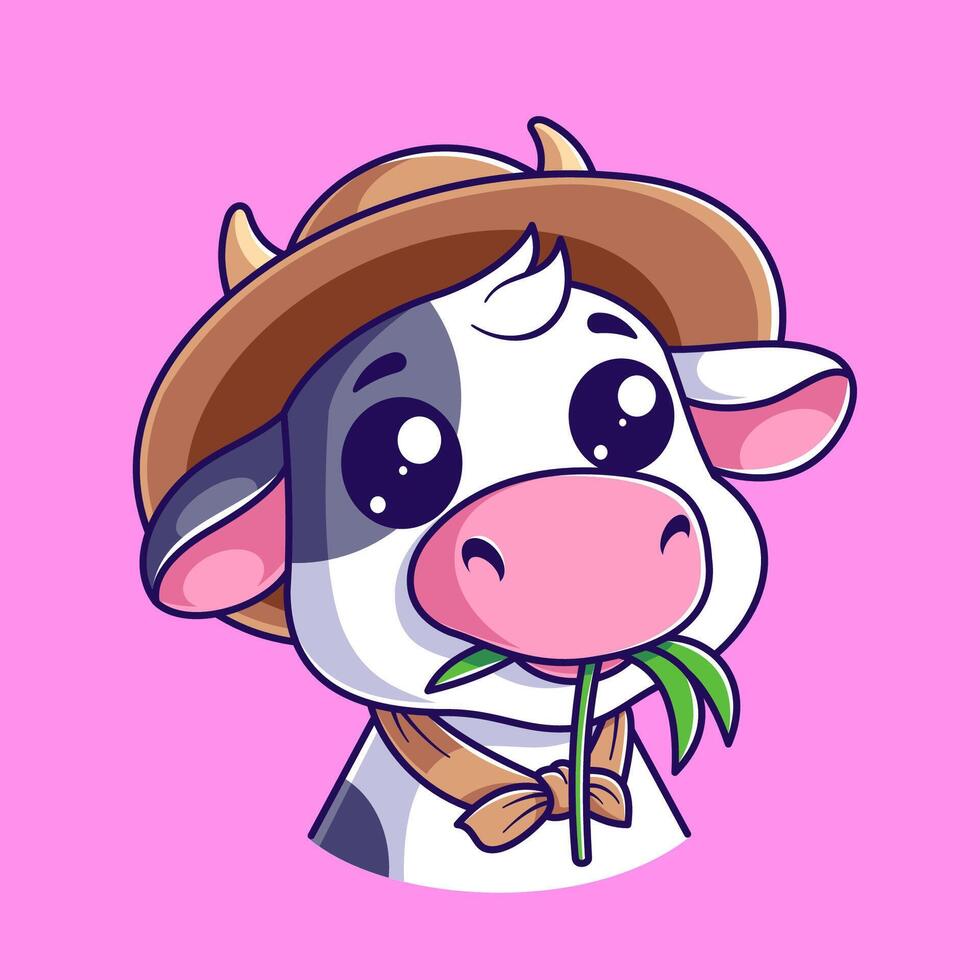 Cute cow wearing a straw hat and eating grass vector