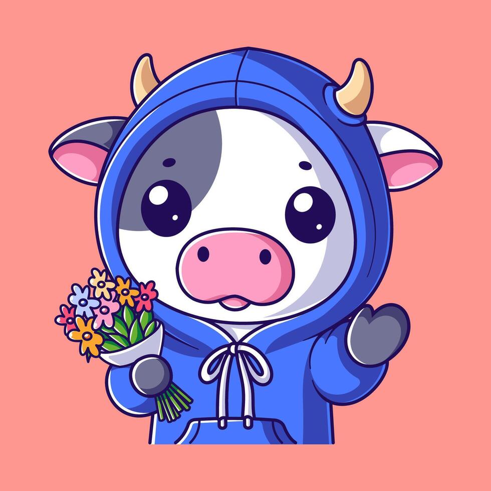 linda vaca que lleva un flor vector