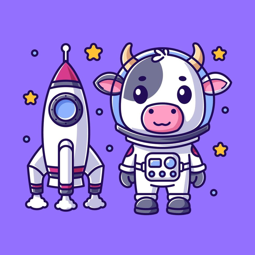 Cute cow wearing an astronaut suit with a rocket vector