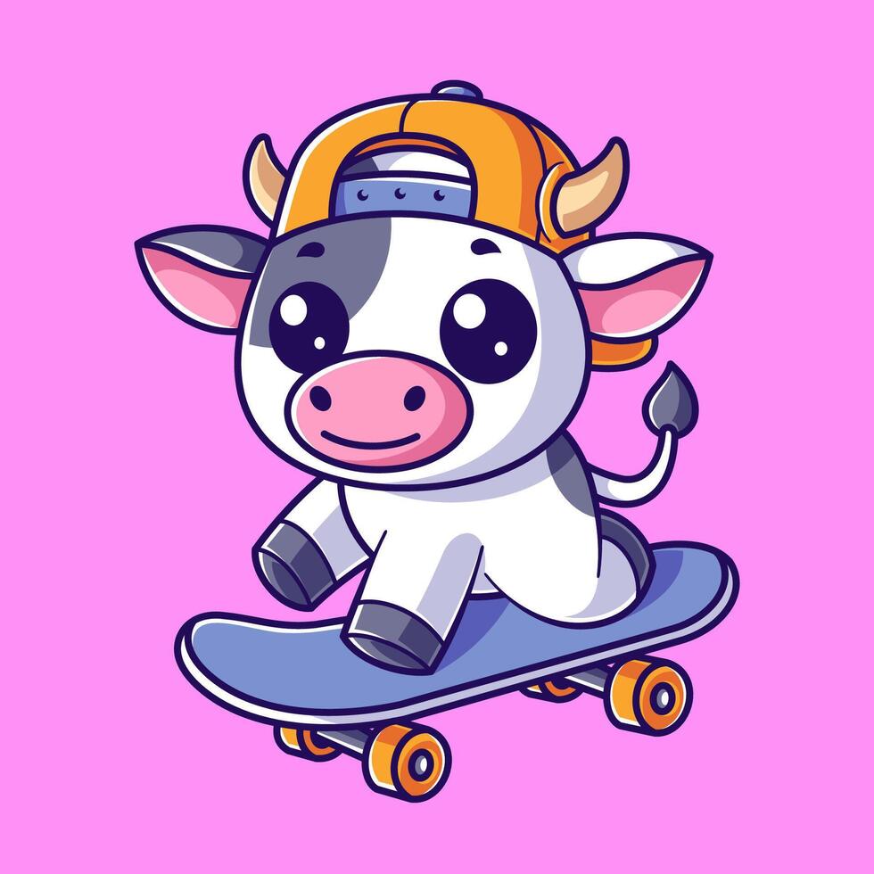 Cute cow playing skateboard and wearing a yellow hat vector