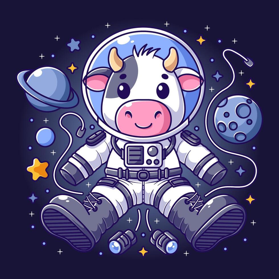 Cute cow wearing an astronaut suit floating in outer space vector