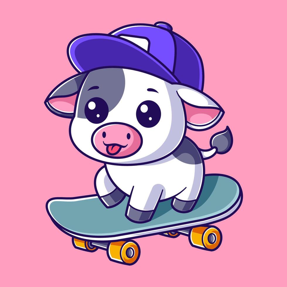 Cute cow skateboarding and wearing a dark purple hat vector