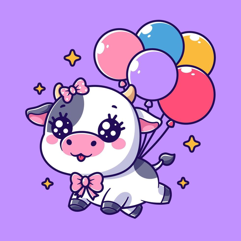 A cute cow floats along with lots of balloons vector