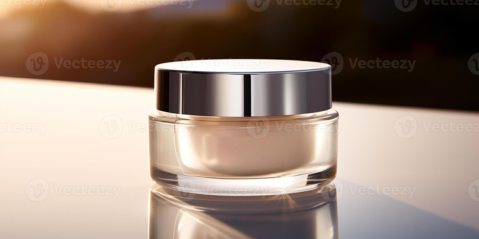 AI generated flat lay, a jar of face cream on a light background. cosmetics, skin care. cosmetic product advertisement photo