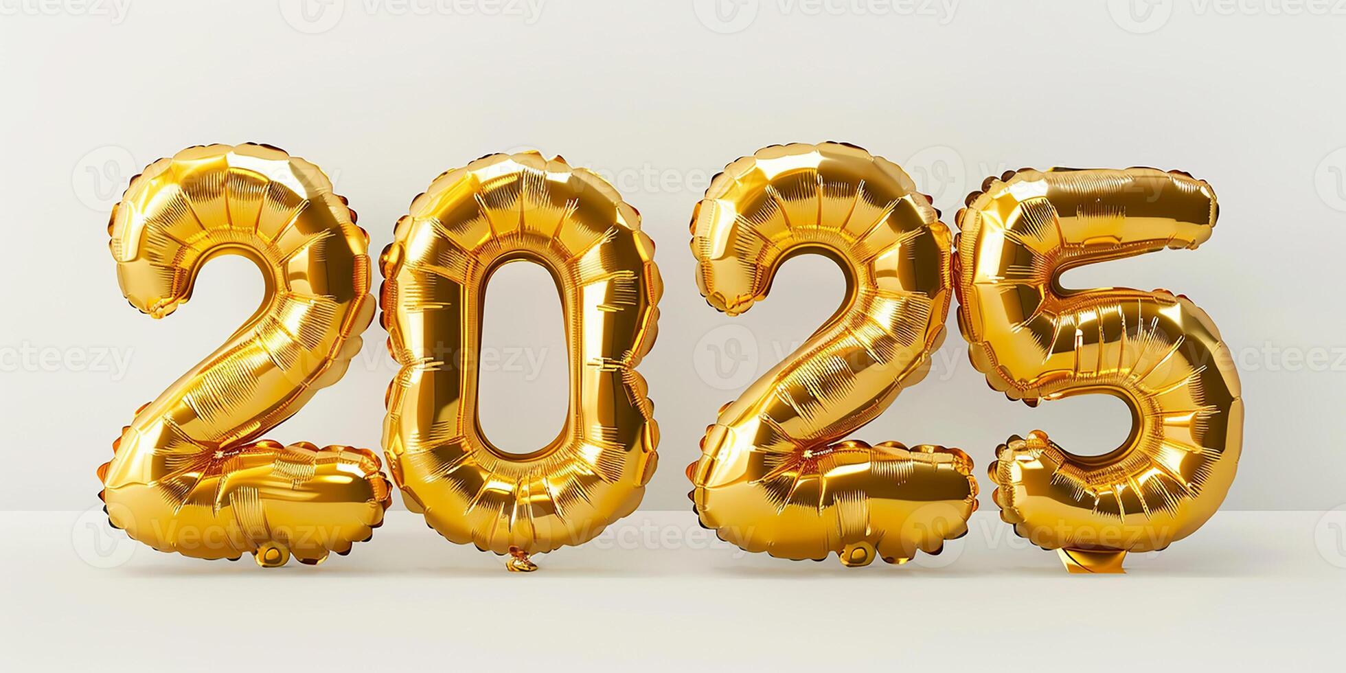 AI generated 2025 made of golden colored balloons on a white background. Happy New Year photo