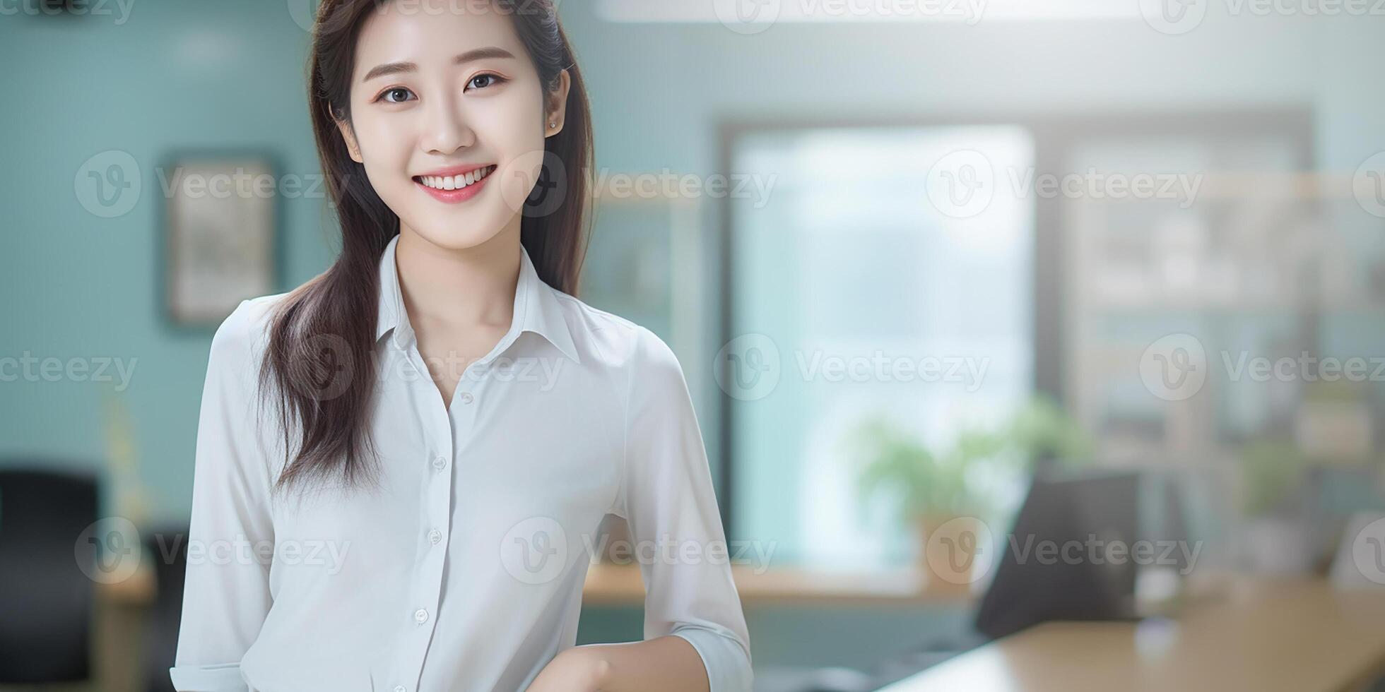 AI generated Portrait of a young confident Asian woman posing in the office. Business lady photo