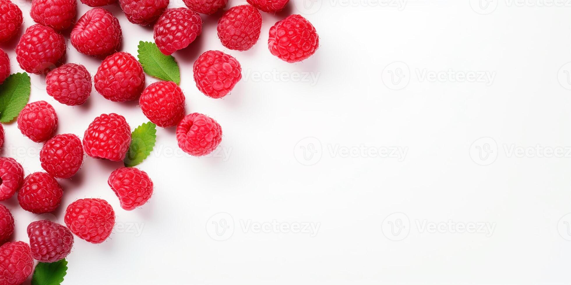 AI generated Frame with fresh raspberries on a white background with space for text photo