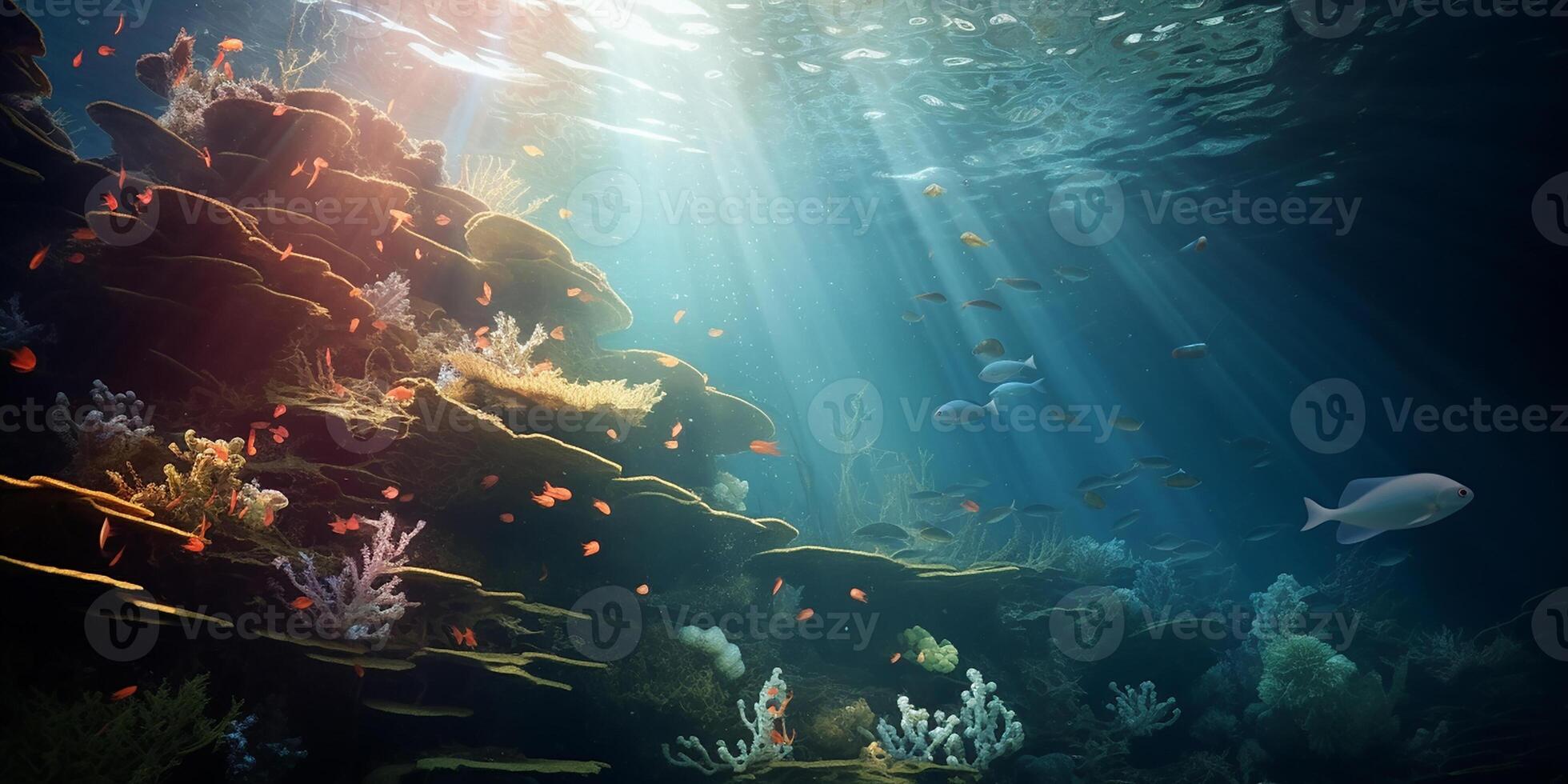 AI generated The sun's rays make their way to the seabed. Photorealistic image of the underwater world photo