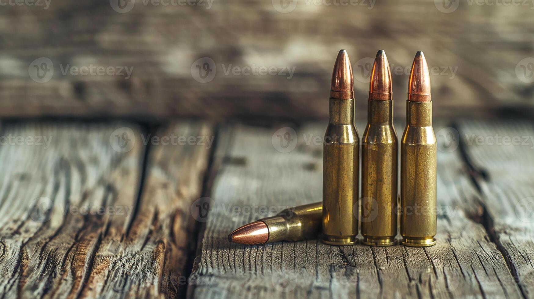 AI generated Close-up of rifle cartridges. Ammunition for firearms on a wooden surface photo