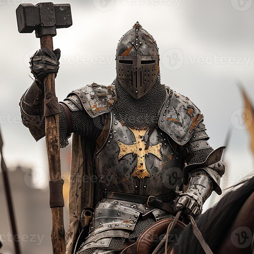 AI generated Fantasy knight armed with a war hammer riding a war horse photo