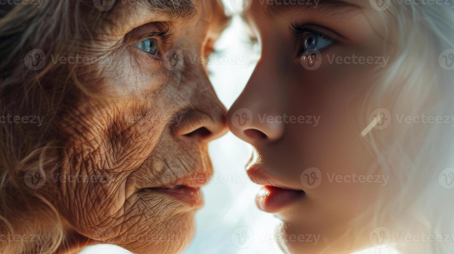 AI generated The face of a young girl and an elderly woman with wrinkles. The concept of aging and skin care photo