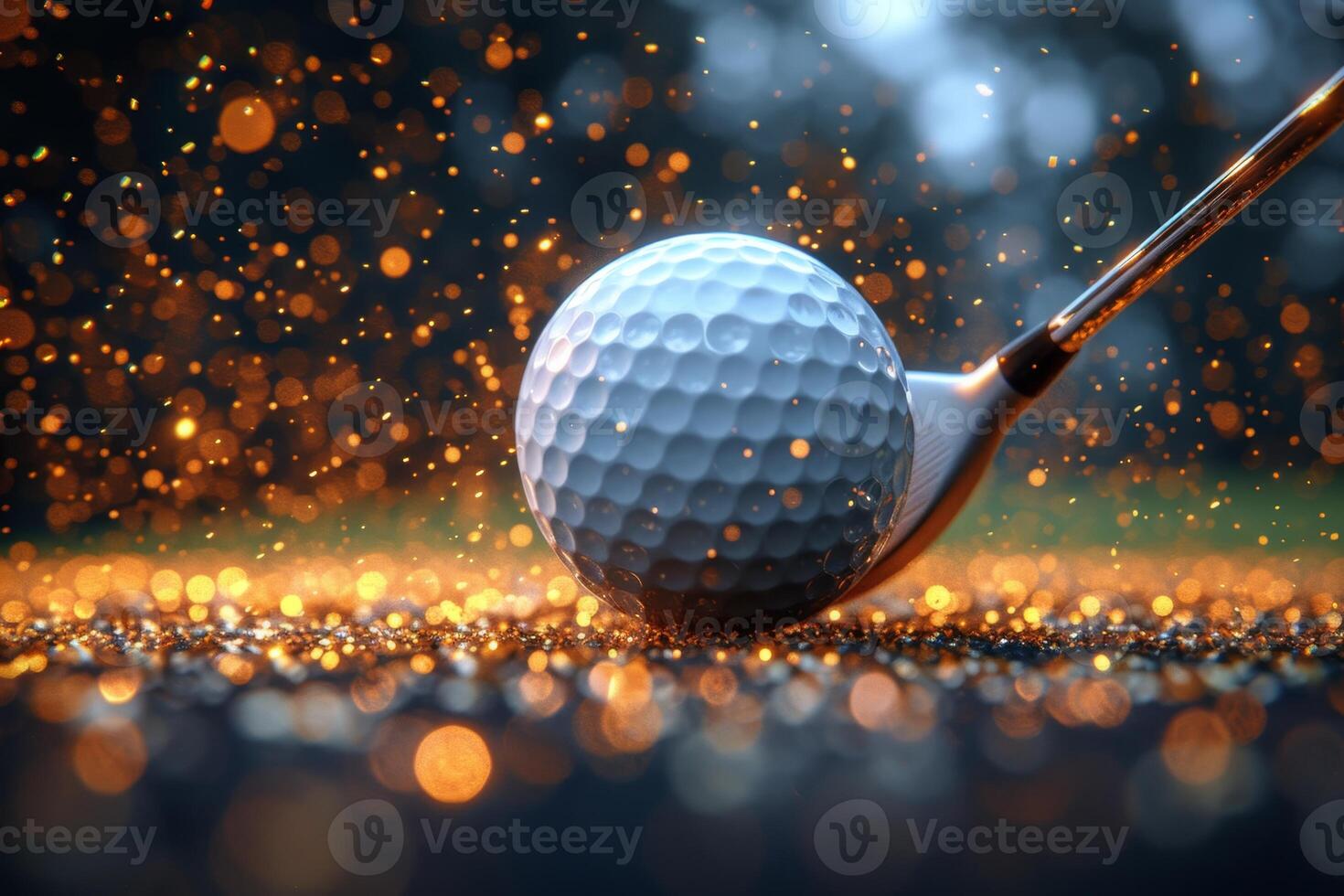 ai generado golpear el pelota con un golf club. golf a puesta de sol foto