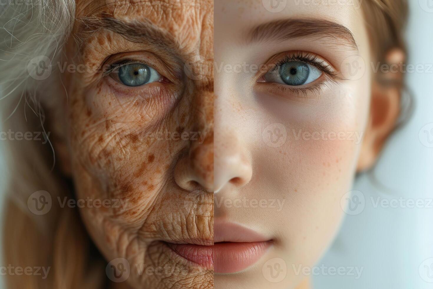 AI generated The face of a young girl and an elderly woman with wrinkles. The concept of aging and skin care photo