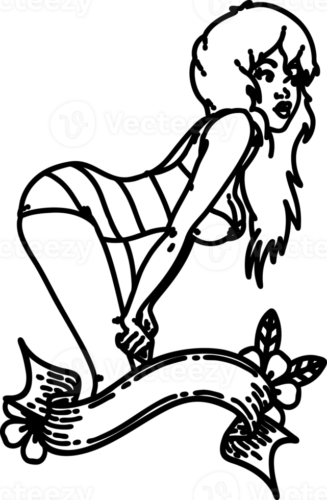 tatoeëren in zwart lijn stijl van een vastpinnen meisje in zwemmen kostuum met banier icoon png