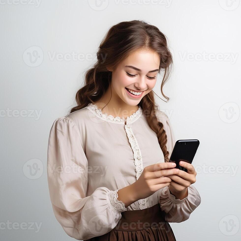 AI generated Grandfather smiling with a phone in his hands on a white background. Pleasant online conversation photo