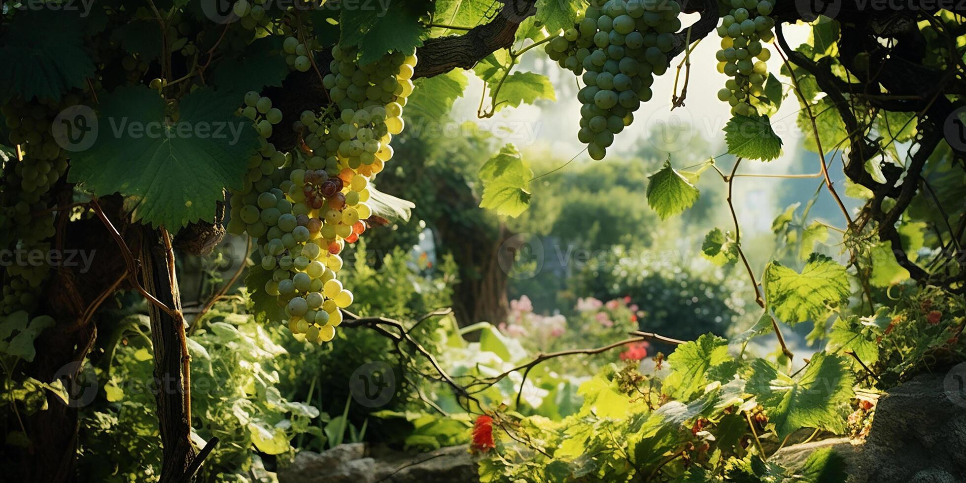 AI generated juicy, ripe grapes, soft light. there is a garden in the background. harvest time photo