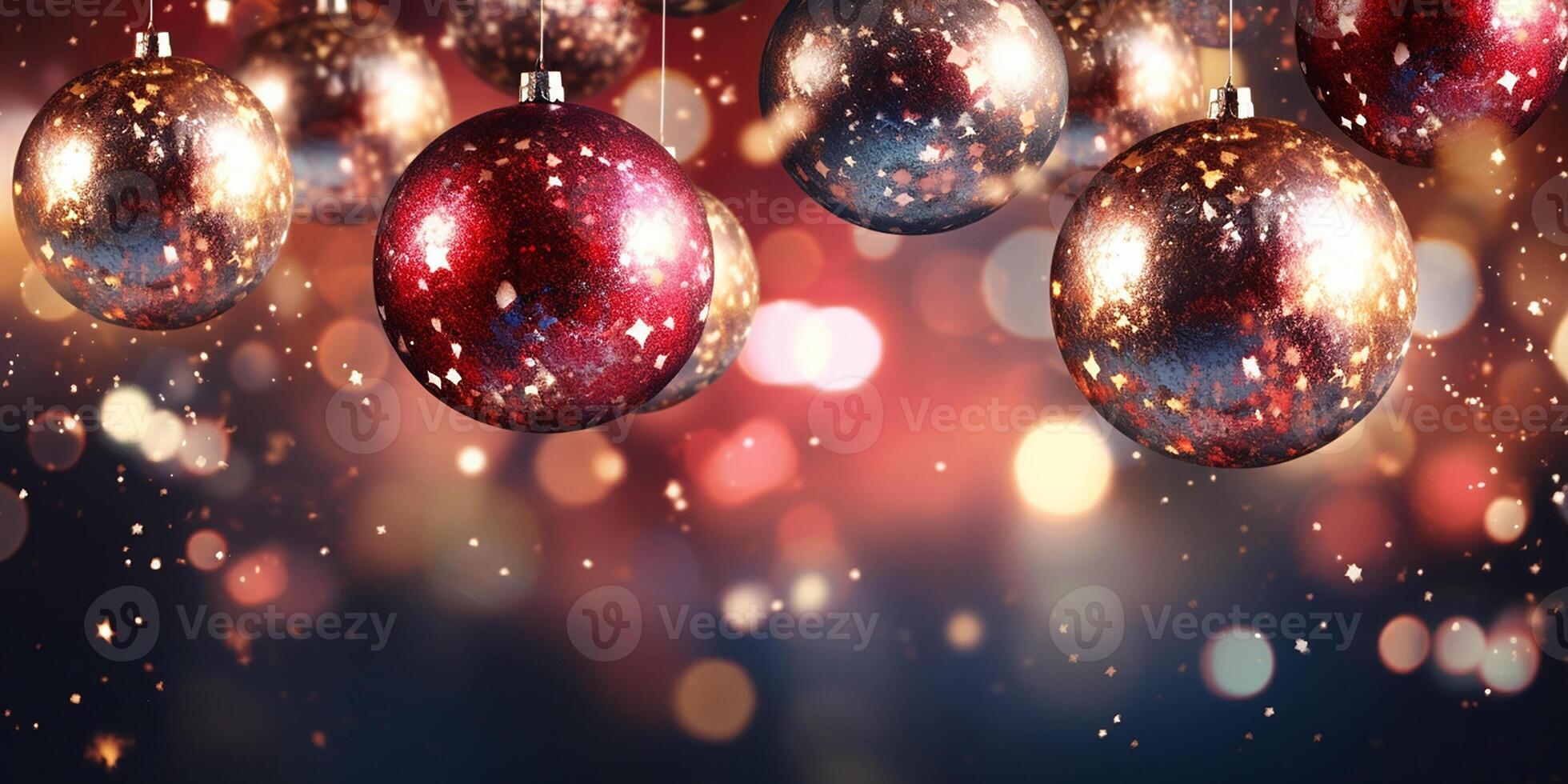 AI generated shiny Christmas balls, Christmas tree decorations on a background of fireworks. festive background for Christmas, New Year. photo